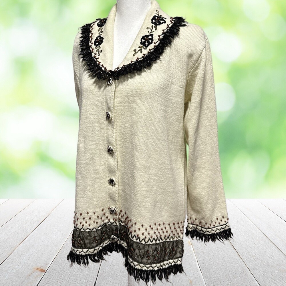 Vintage STORYBOOK KNITS Embellished Cardigan Hand Beaded Embroidered Fringe Sz M